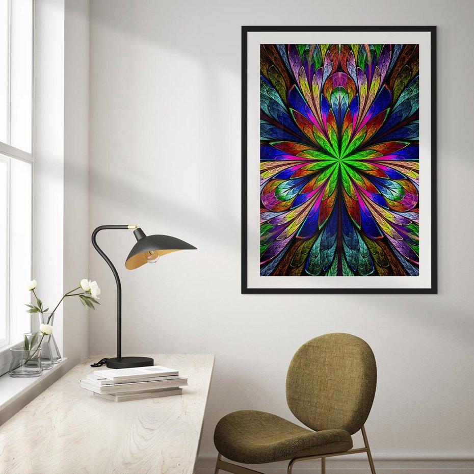 Plakat w ramie 40x50 - Witrażowa magia na płótnie - witraż, sztuka - rama czarna