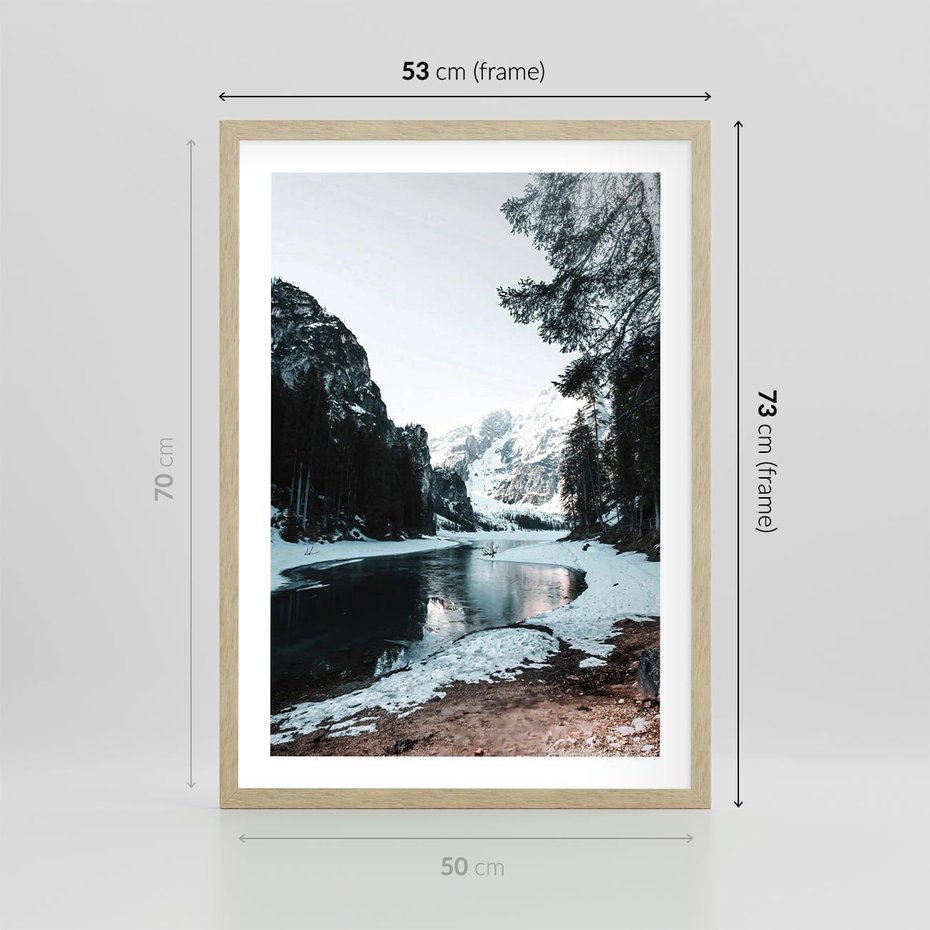 Plakat w ramie 50x70 - Zamarznięta Rzeka - zima w górach, zamarznięta rzeka - rama drewno