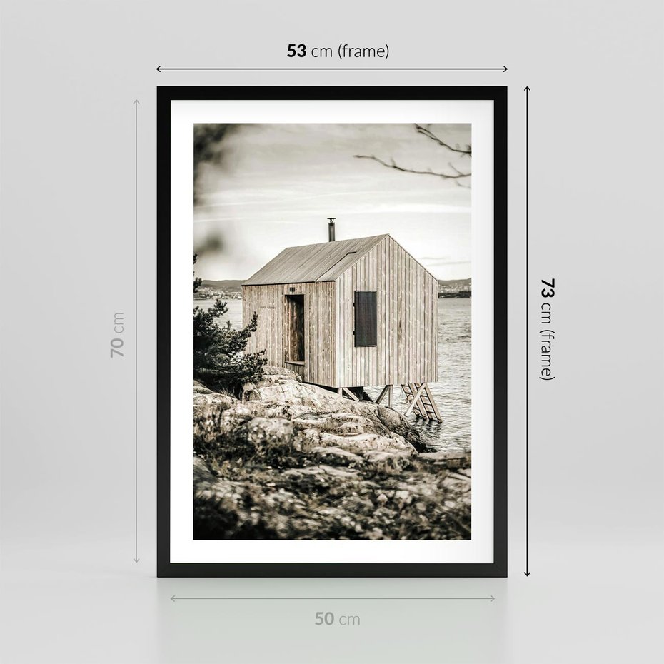 Plakat w ramie 50x70 - Nostalgiczna Oaza - rustykalny domek, domek nad jeziorem - rama czarna