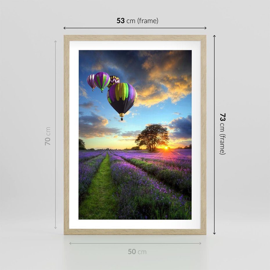 Plakat w ramie 50x70 - Lawendowe Marzenia - lawenda, balony - rama drewno
