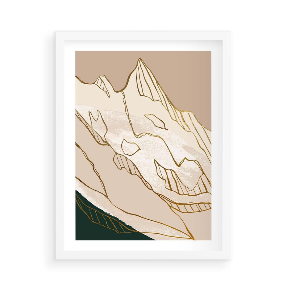 Plakat w ramie 50x70 - Góry w Złocie i Minimalizmie - grafika, złote góry - rama biała