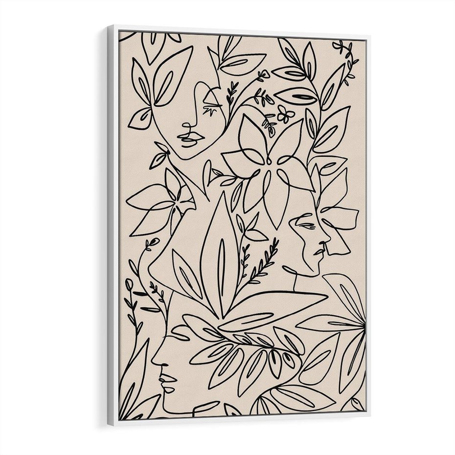 Obraz w ramie 70x100 - Kobiecy Portret Duszy - beżowe tło, czarny szkic nowoczesnych kwiatów - rama biała