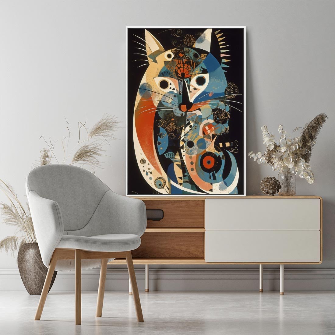Obraz w ramie 80x120 - Księga Surrealnych Wymiarów - abstrakcyjny obraz olejny, kot - rama biała