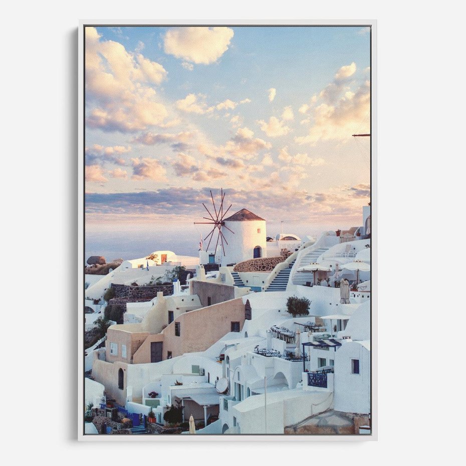 Obraz w ramie 50x70 - Biel ponad Błękitem - Santorini, białe budynki - rama biała