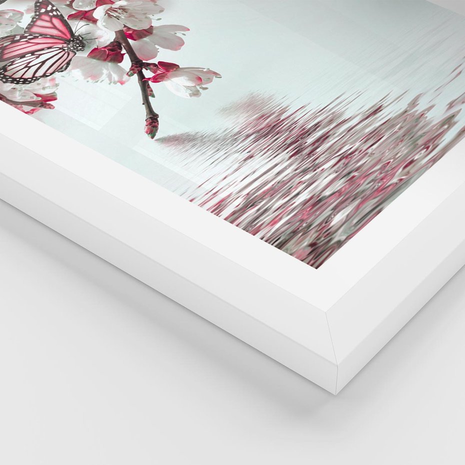 Plakat w ramie 40x50 - Kwiatowa baśń z motylami - kwiaty, motyle - rama biała