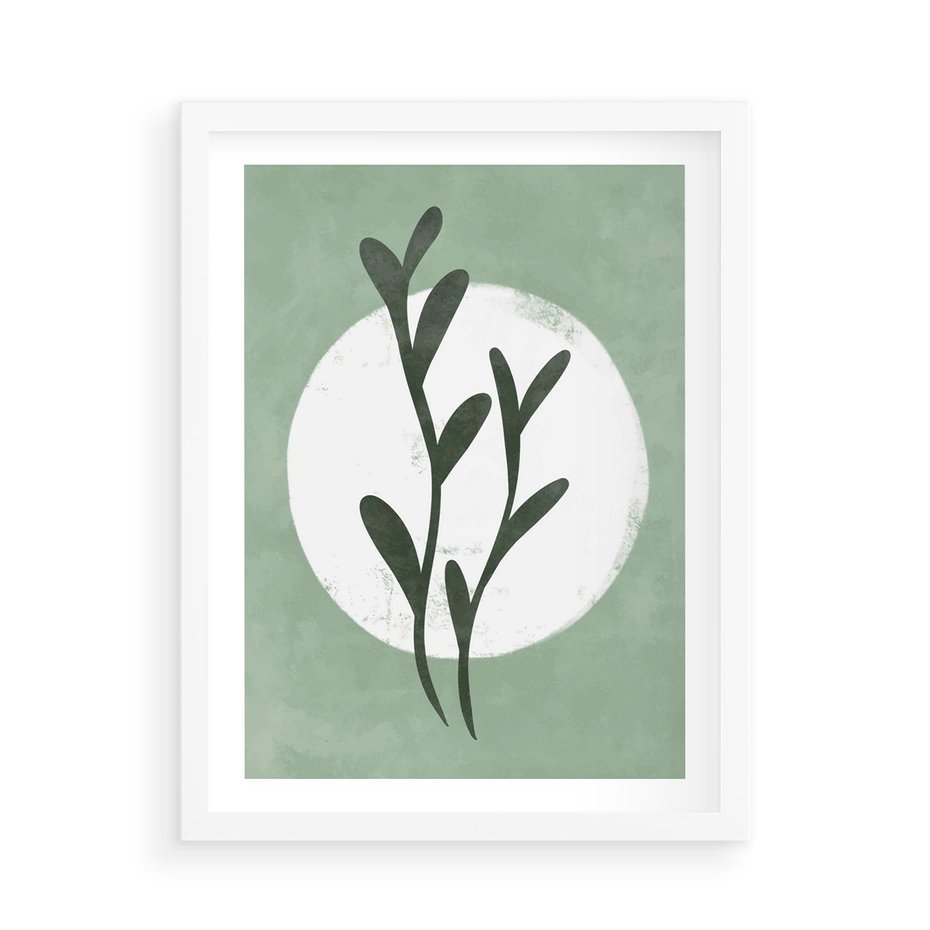 Plakat w ramie 50x70 - Kształty Zielonego Ukojenia - zielony plakat, roślinne motywy - rama biała