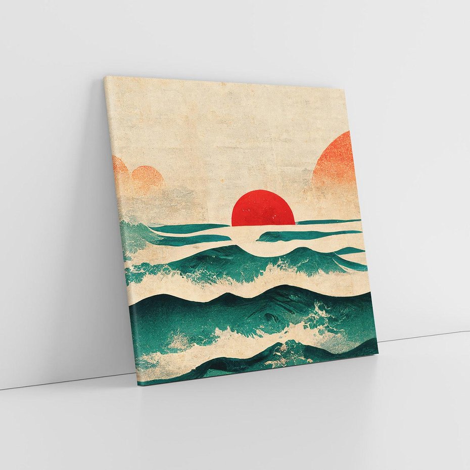 Obraz na płótnie 50x50 - Czerwone Melodie - japońska sztuka, zachód słońca nad oceanem