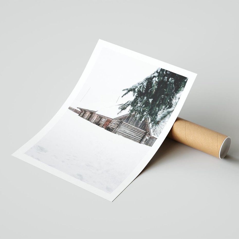 Plakat bez ramy 21x30 - Zimowy Azyl - domek w górach, śnieg