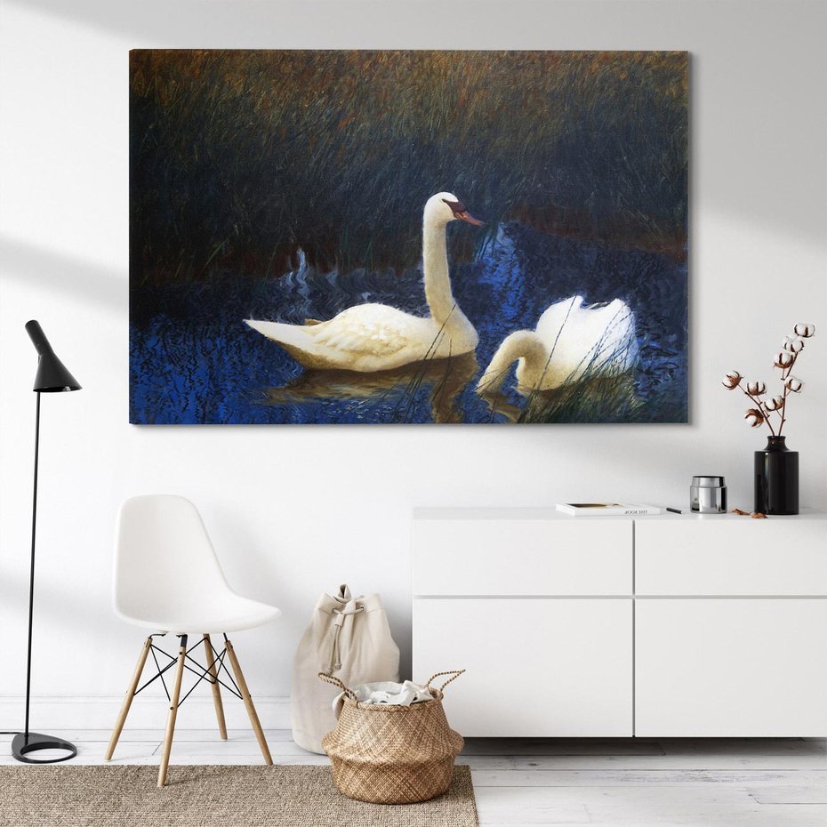 Obraz na płótnie 70x50 - "Łabędzie w trzcinach" (1907) Bruno Liljefors - Reprodukcja - reprodukcja, obraz na płótnie