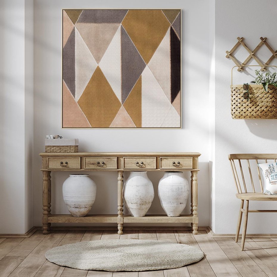 Obraz w ramie 50x50 - Odblaski niespełnionych marzeń - kompozycja z trójkątów, mix kolorów ziemi - rama drewno