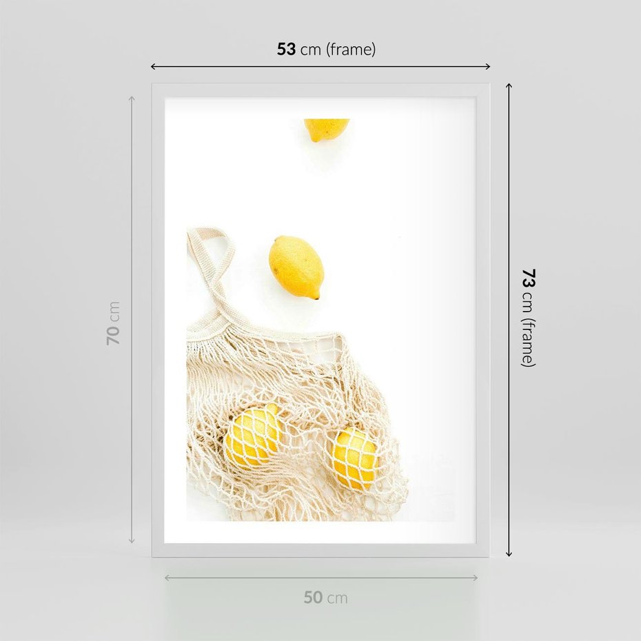 Plakat w ramie 50x70 - Cytrynowa Siatka - cytryny, materiałowa siatka - rama biała