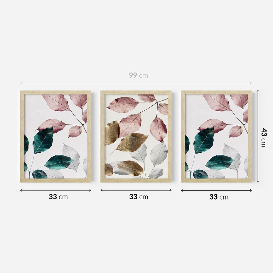 Zestaw obrazy w ramie 30x40 galeria - Liście, srebrne, złote, minimalizm - rama drewno