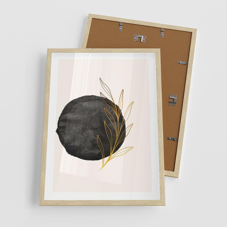 Plakat w ramie 50x70 - Kontrast Kształtów - minimalistyczna grafika, czarna plama - rama drewno