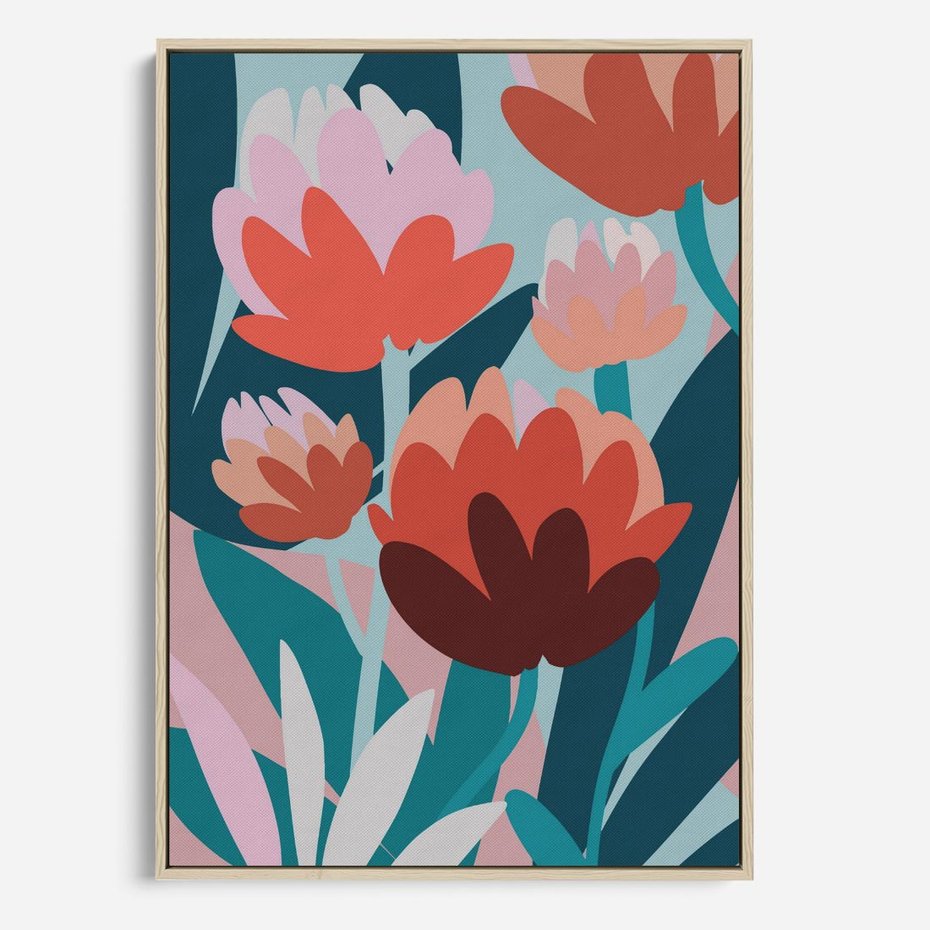 Obraz w ramie 70x100 - Symfonia Kwiatów - abstrakcyjna kompozycja kwiatowych form, kolor zgaszone - rama drewno