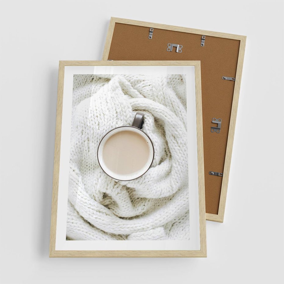 Plakat w ramie 50x70 - Kawa na Wełnianym Kocu - kawa, biały wełniany koc - rama drewno