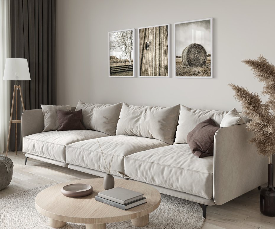 Zestaw obrazy w ramie 50x70 galeria - Pole, wieś, snopki, siana - rama biała