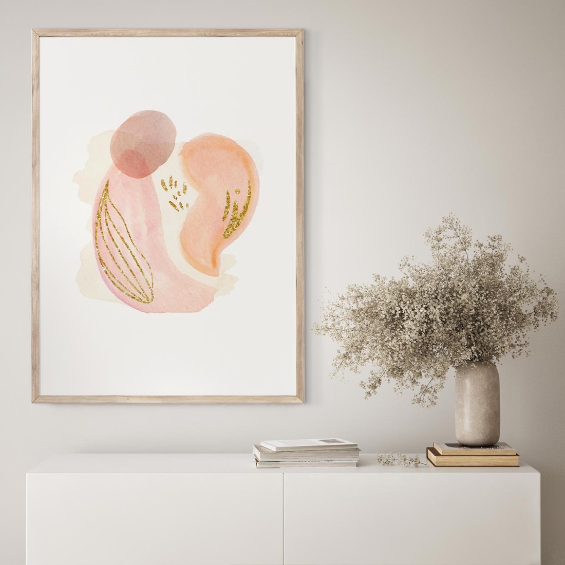 Plakat w ramie 30x40 - Impresje Przenikających Form - abstrakcyjne akwarelowe plamy, minimalizm - rama drewno