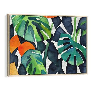 Obraz w ramie 70x50 - Tropikalne Pragnienia - akwarela, liście tropikalne - rama drewno