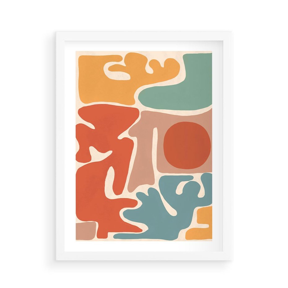 Plakat w ramie 50x70 - Pastelowa Symfonia Kształtów - abstrakcyjne kolorowe formy, pastelowe kolory - rama biała