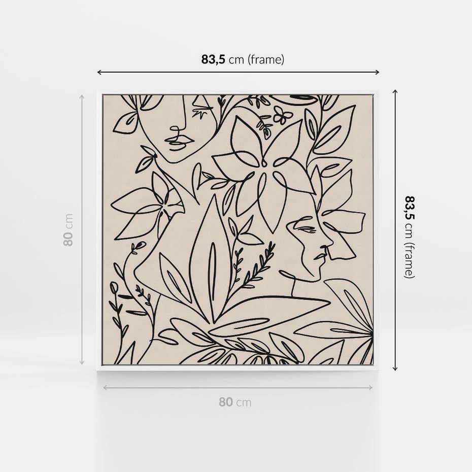 Obraz w ramie 80x80 - Kobiecy Portret Duszy - beżowe tło, czarny szkic nowoczesnych kwiatów - rama biała