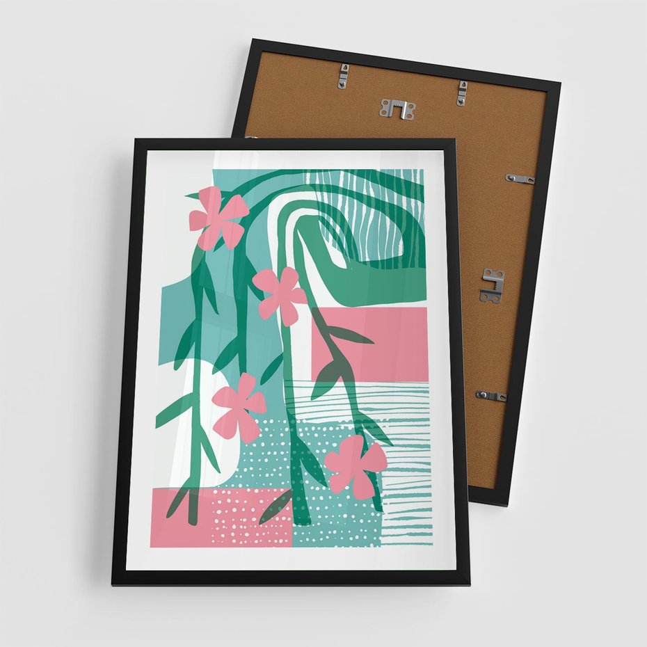 Plakat w ramie 50x70 - Rozkwitające Harmonie Form - abstrakcyjne pastelowe kwiaty, nowoczesna sztuka - rama czarna