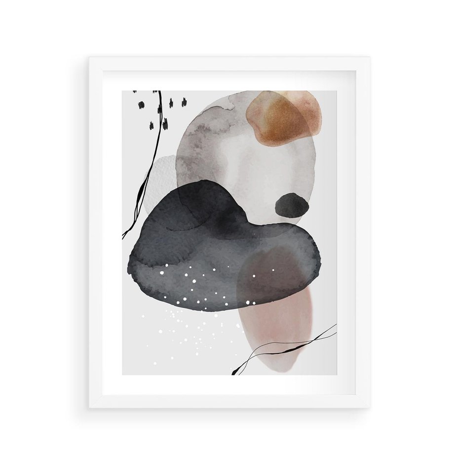 Plakat w ramie 40x50 - Impresje Harmonii - abstrakcyjne plamy akwarelowe, czarny szkic - rama biała