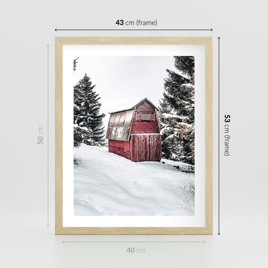Plakat w ramie 40x50 - Domek w Śnieżnych Górach - domek, góry - rama drewno