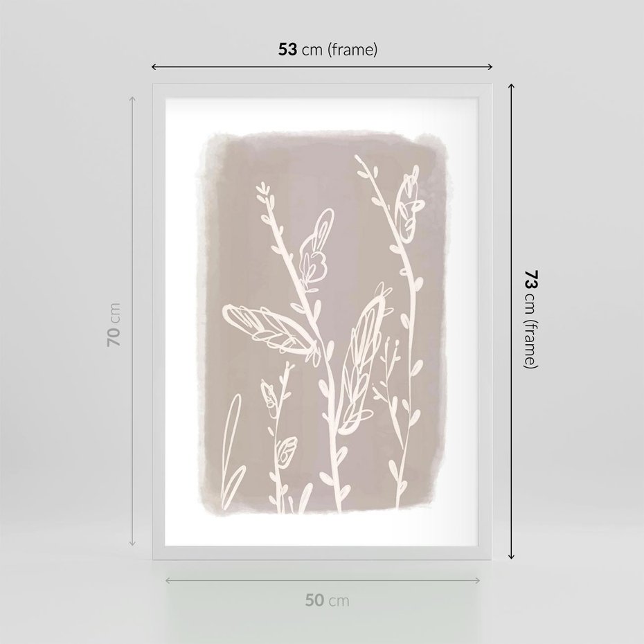 Plakat w ramie 50x70 - Roślinne Przeniknięcia - nowoczesny subtelny plakat, beżowy - rama biała