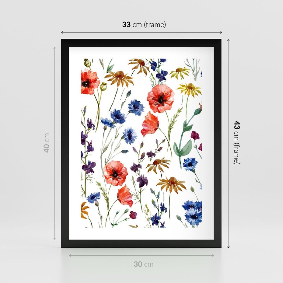Plakat w ramie 30x40 - Kwiatowe radości na łące - kwiaty, łączka - rama czarna