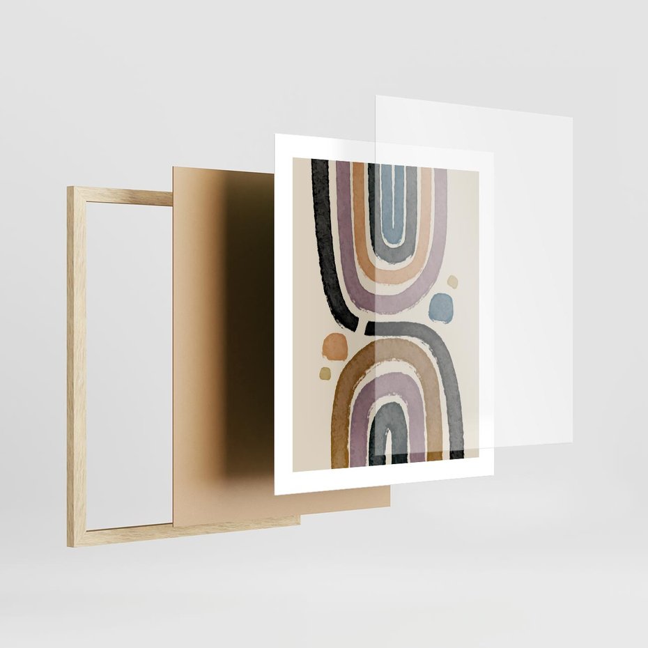 Plakat w ramie 40x50 - Taniec Przenikających Kształtów - abstrakcyjne tęcze, kompozycja - rama drewno