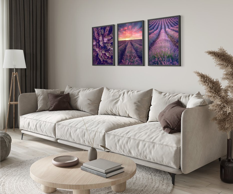 Zestaw obrazy w ramie 30x40 galeria - Wrzosy, lawenda, zachód, słońca - rama czarna