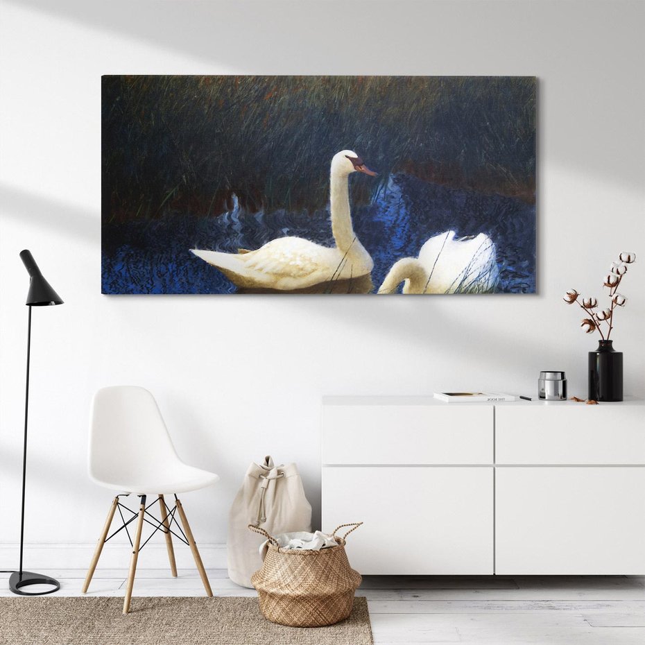 Obraz na płótnie 140x70 - "Łabędzie w trzcinach" (1907) Bruno Liljefors - Reprodukcja - reprodukcja, obraz na płótnie