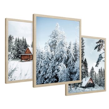 Zestaw obrazy w ramie 40x50 galeria - Las, zima, domki, śnieg - rama drewno