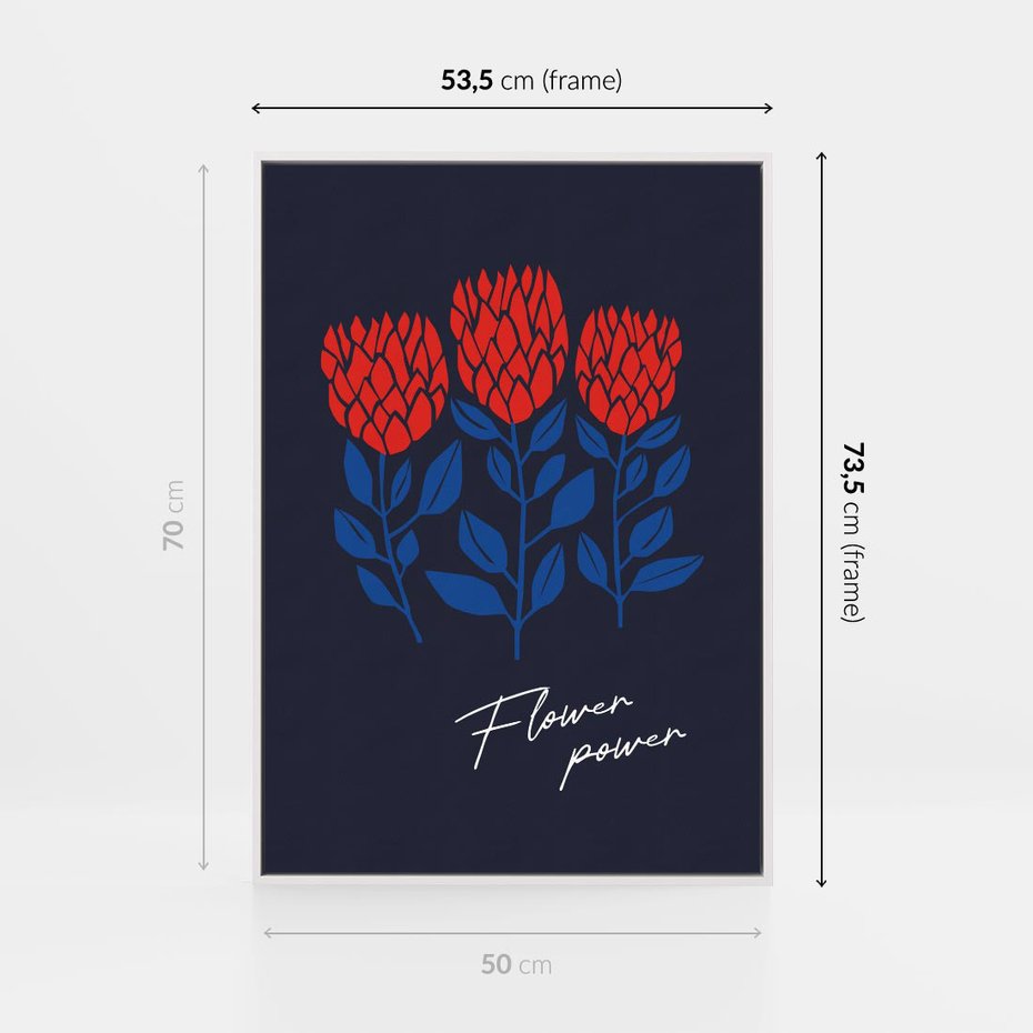 Obraz w ramie 50x70 - Podróżne Barwy - czerwone abstrakcyjne kwiaty, granatowe tło - rama biała