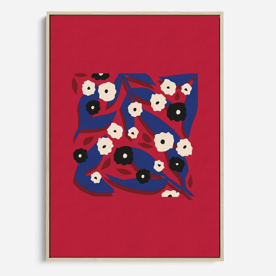 Obraz w ramie 80x120 - Kolorowe Przenikanie - abstrakcyjna kwiatowa kompozycja, czerwone mocne tło - rama drewno