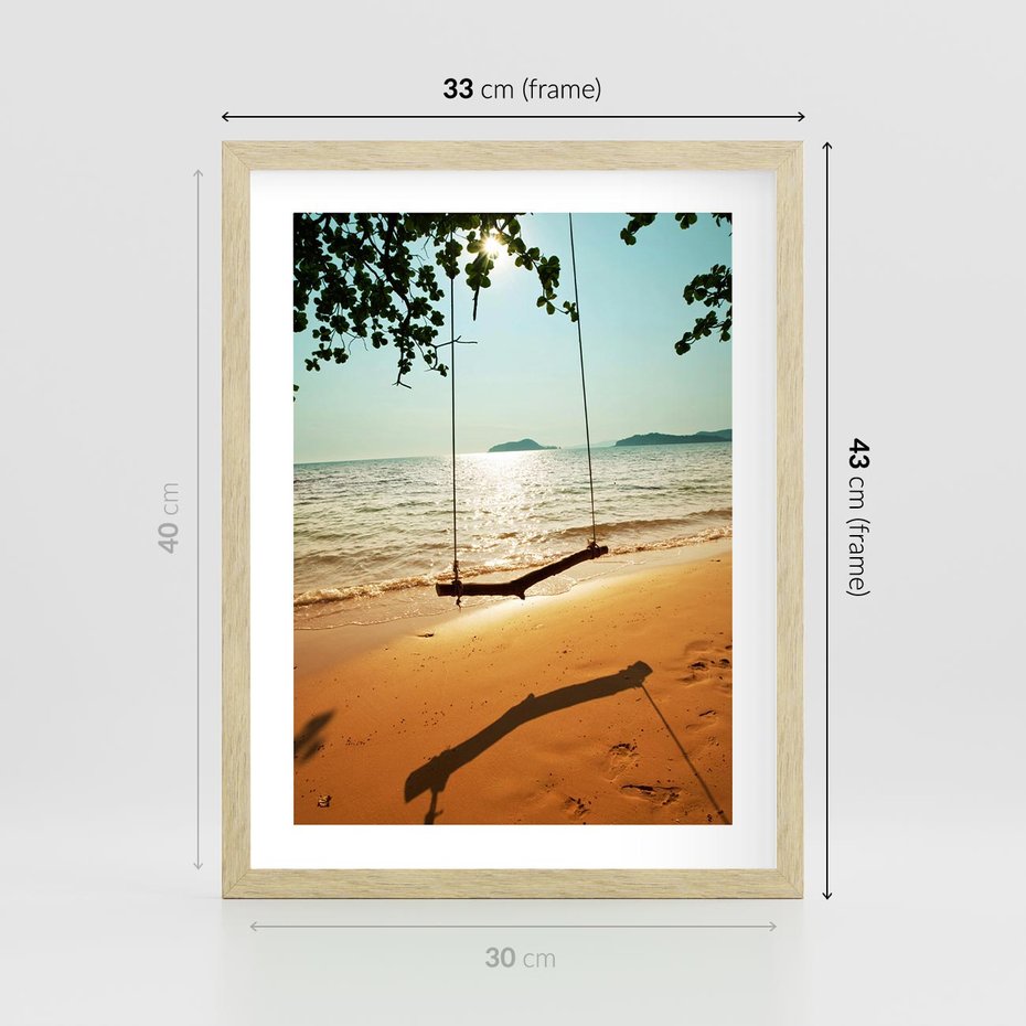 Plakat w ramie 30x40 - Tropikalna plaża i huśtawka - plaża, tropiki - rama drewno