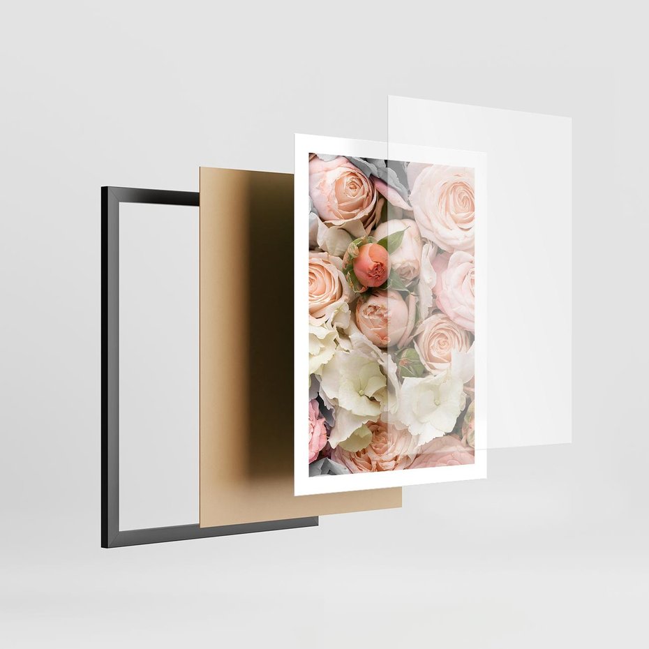 Plakat w ramie 50x70 - Kwiatowy Rarytas: Róże w Herbacianym Zbliżeniu - kwiaty, herbaciane - rama czarna