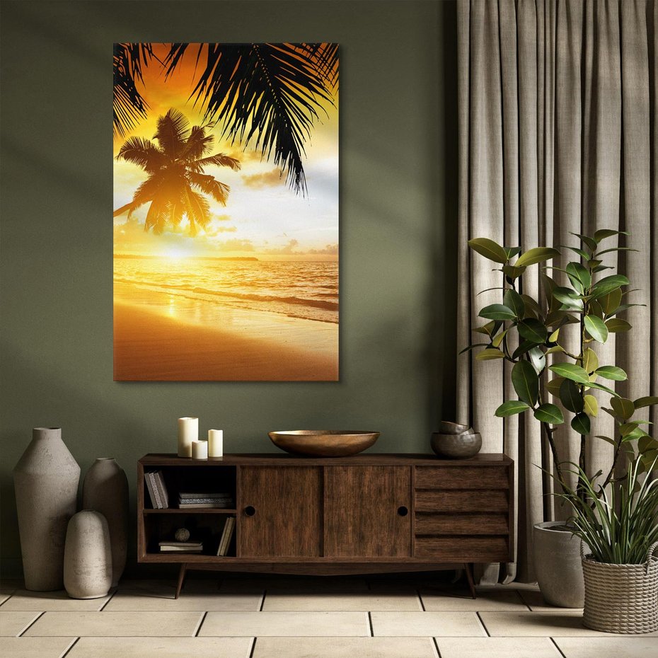 Obraz na płótnie 50x70 - Sielska plaża z palmami i morzem - plaża, morze