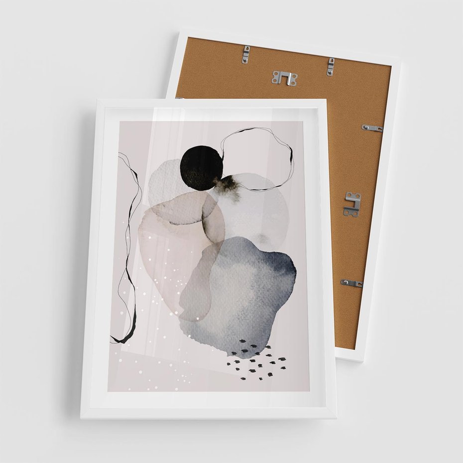 Plakat w ramie 50x70 - Migocące Barwy - abstrakcyjne plamy akwarelowe, czarny szkic - rama biała