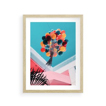 Plakat w ramie 50x70 - Kolorowe Balony Pod Niebem - kolorowe balony na tle niebieskiego nieba - rama drewno
