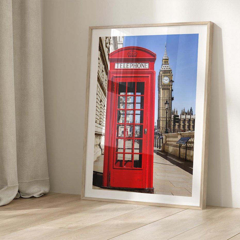 Plakat w ramie 40x50 - Ikoniczna budka telefoniczna w Londynie - budka, telefoniczna - rama drewno