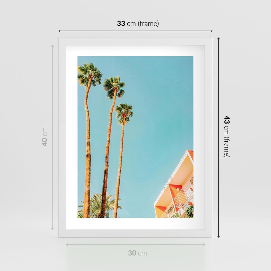Plakat w ramie 30x40 - Letnie Marzenia - palmy, na tle nieba - rama biała