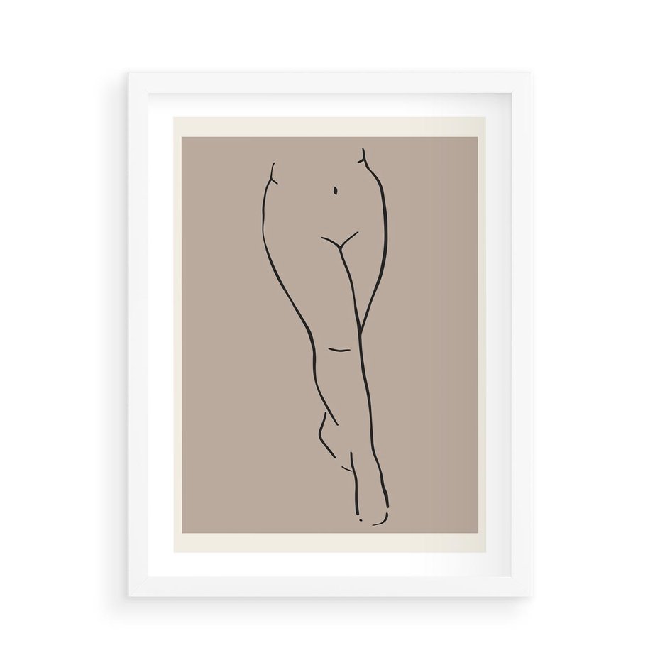 Plakat w ramie 50x70 - Intrygujące Szkice - mnimalistyczny akt kobiecy, beżowa tonacja - rama biała