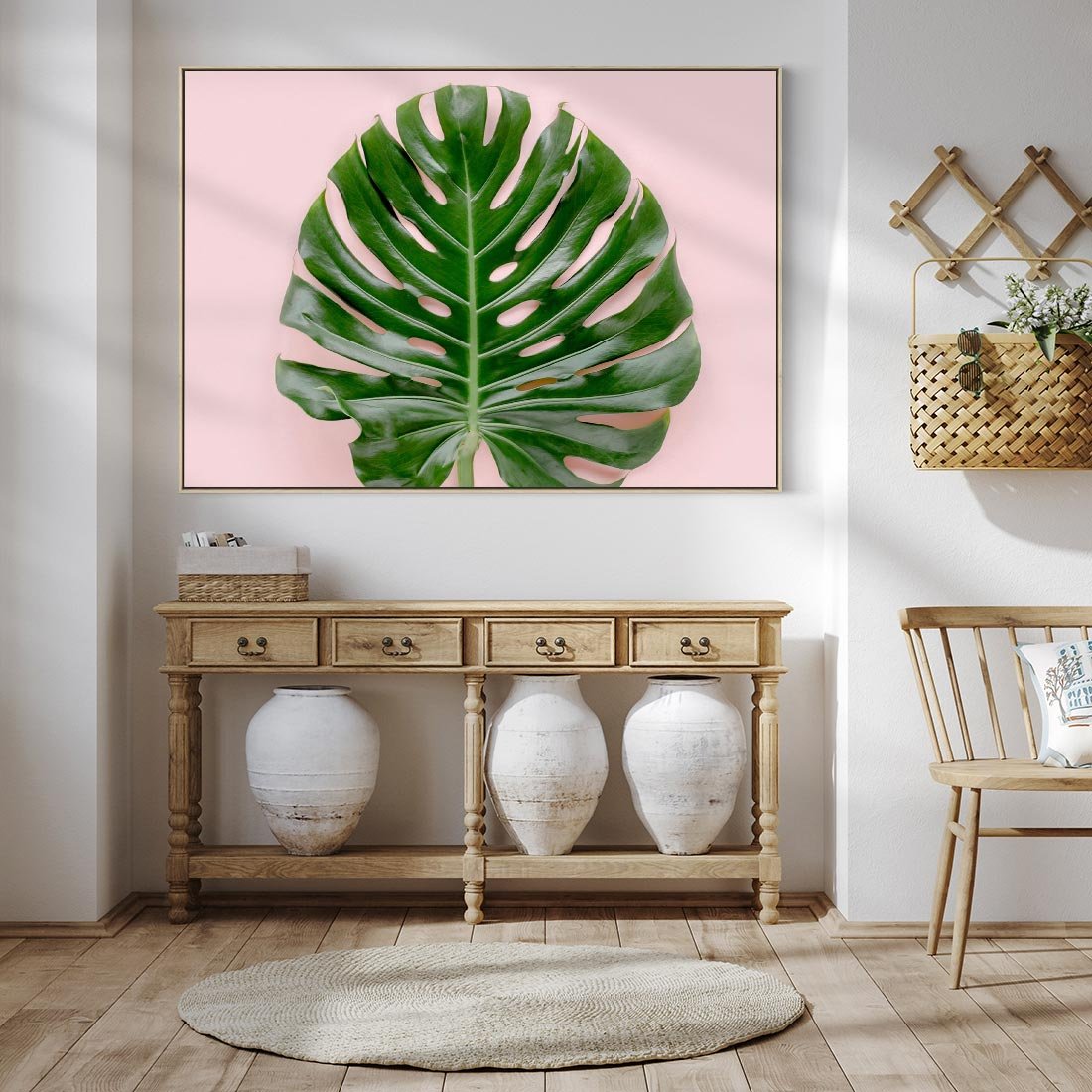 Obraz w ramie 100x70 - Egzotyczna Roślinność - liście, monstera - rama drewno