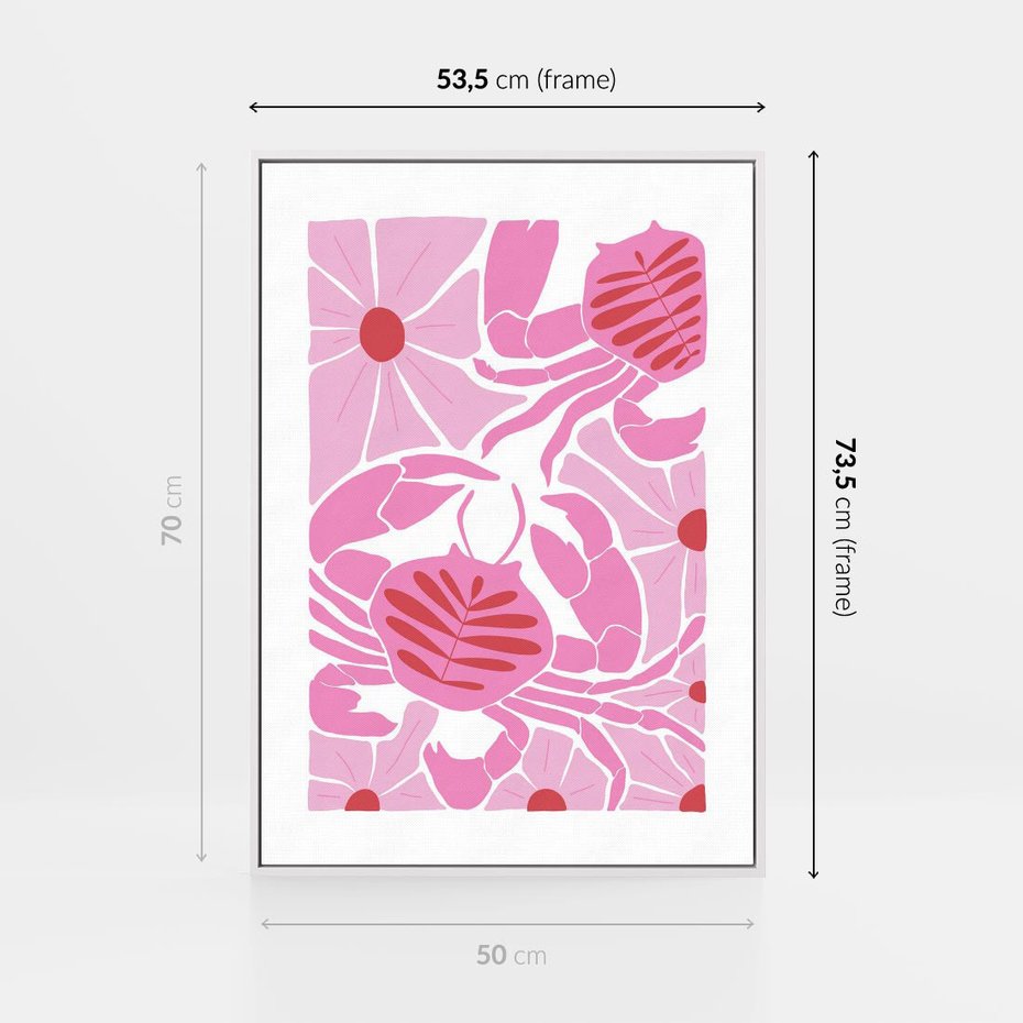 Obraz w ramie 50x70 - Roztańczone Kraby - różowe kwiaty i kraby, abstrakcyjna kompozycja - rama biała