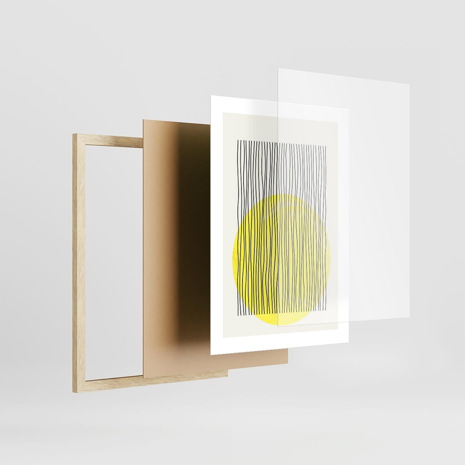 Plakat w ramie 30x40 - Ciepłe Przenikanie - geometria, żółte koło - rama drewno