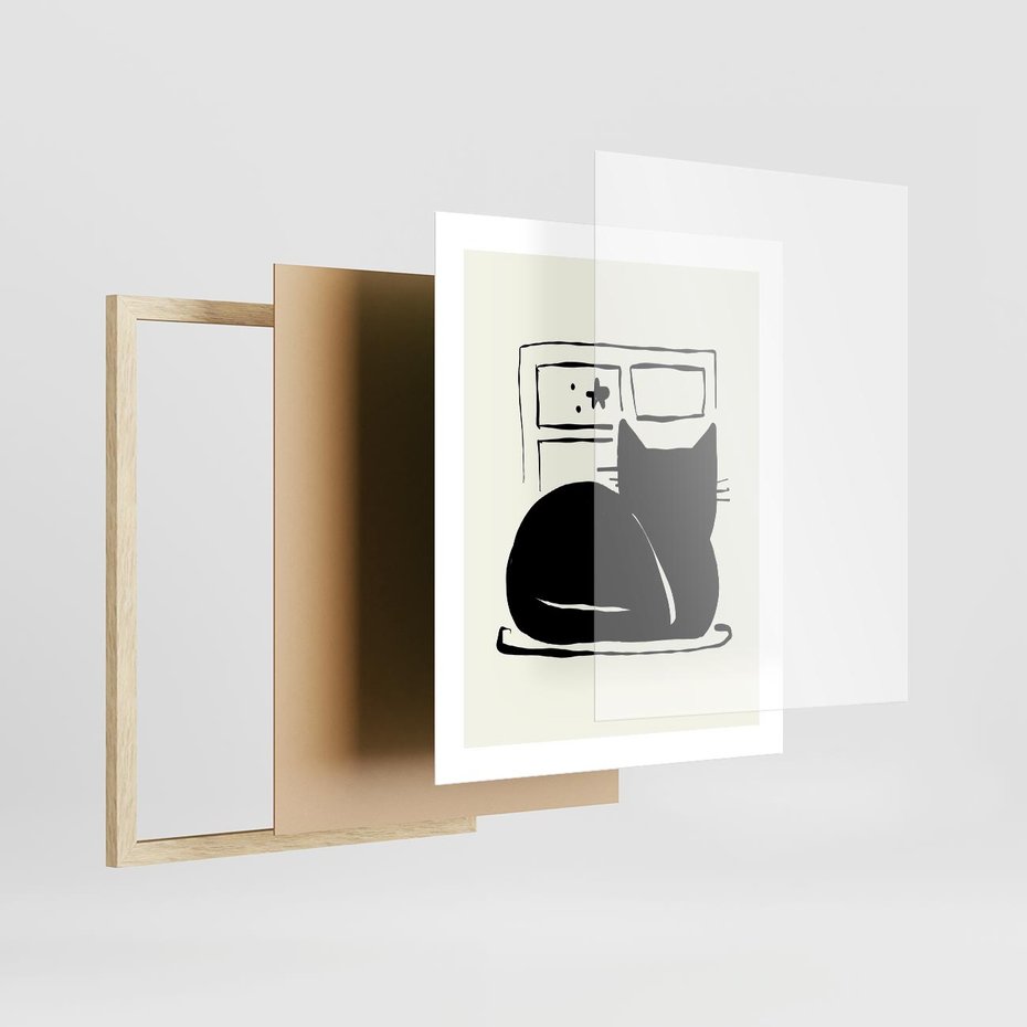 Plakat w ramie 40x50 - Czarny Kot: Prosta Elegancja - grafika, minimalizm - rama drewno