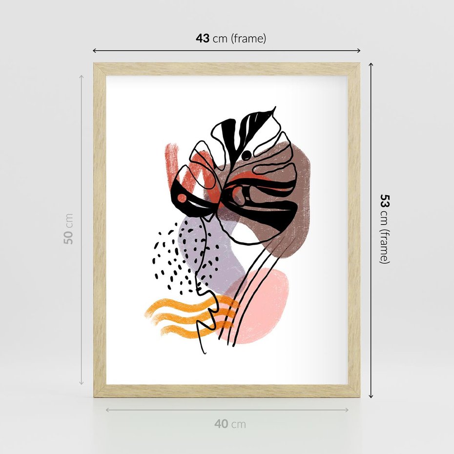 Plakat w ramie 40x50 - Wibracje Abstrakcyjnych Form - abstrakcyjna sztuka, liść monstery - rama drewno