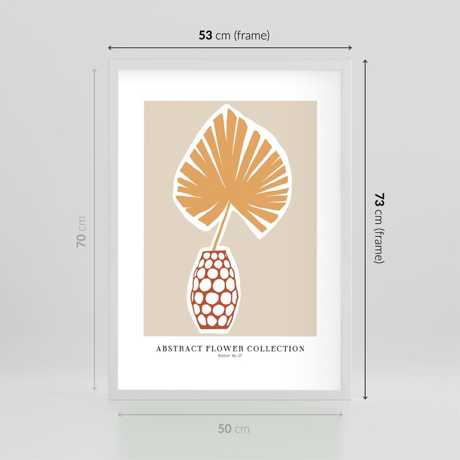Plakat w ramie 50x70 - Kwiatowa Kreatywność - tropikalny liść w wazonie, typografia - rama biała