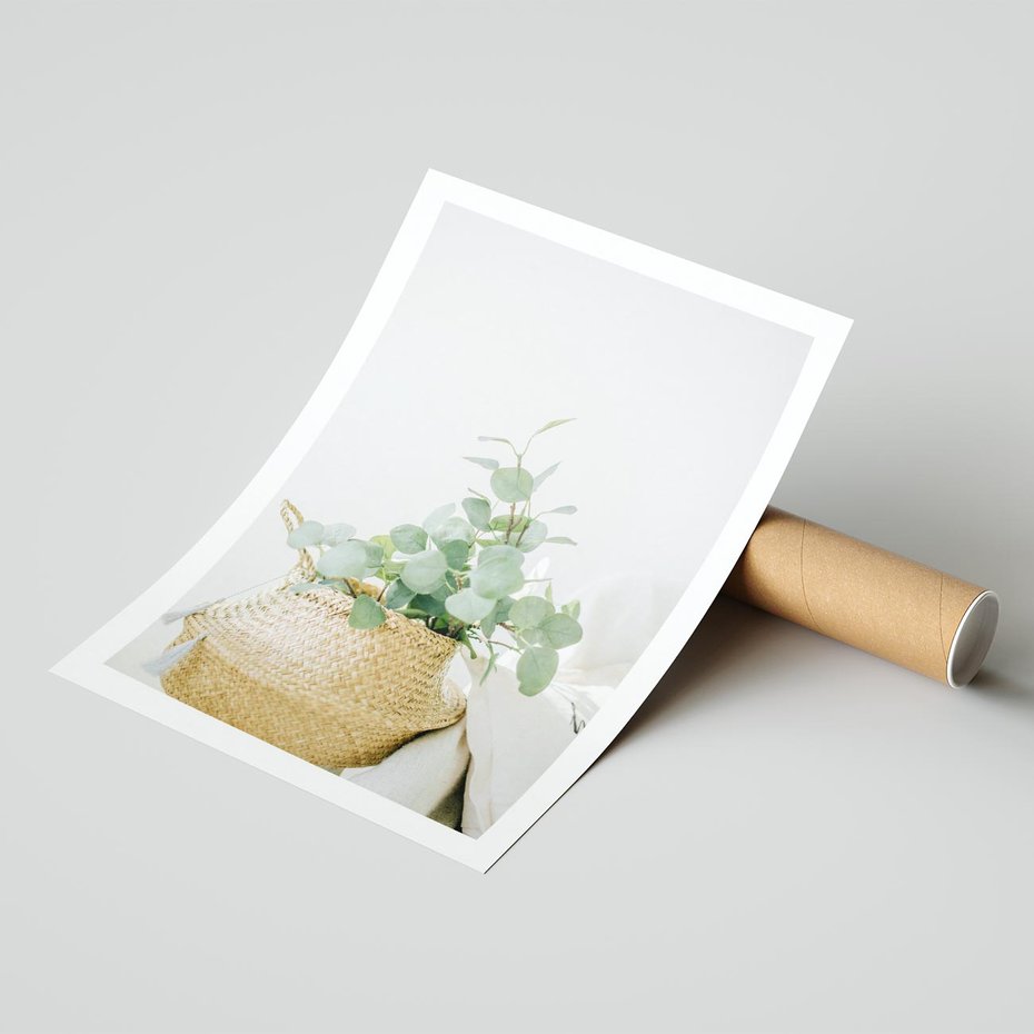 Plakat bez ramy 50x70 - Eukaliptusowa Świeżość - eukaliptus, liście w koszu z wikliny